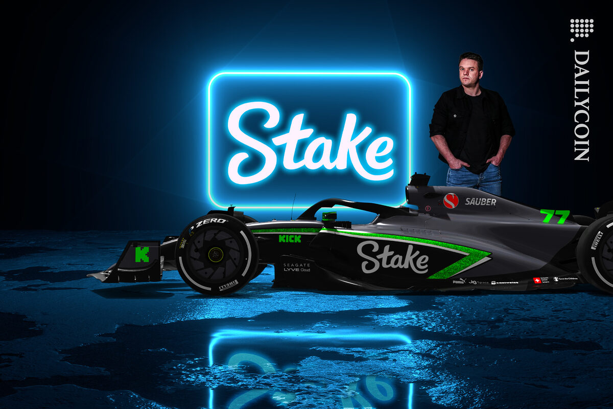 Edward Craven with a Formula one car with his company Stake.