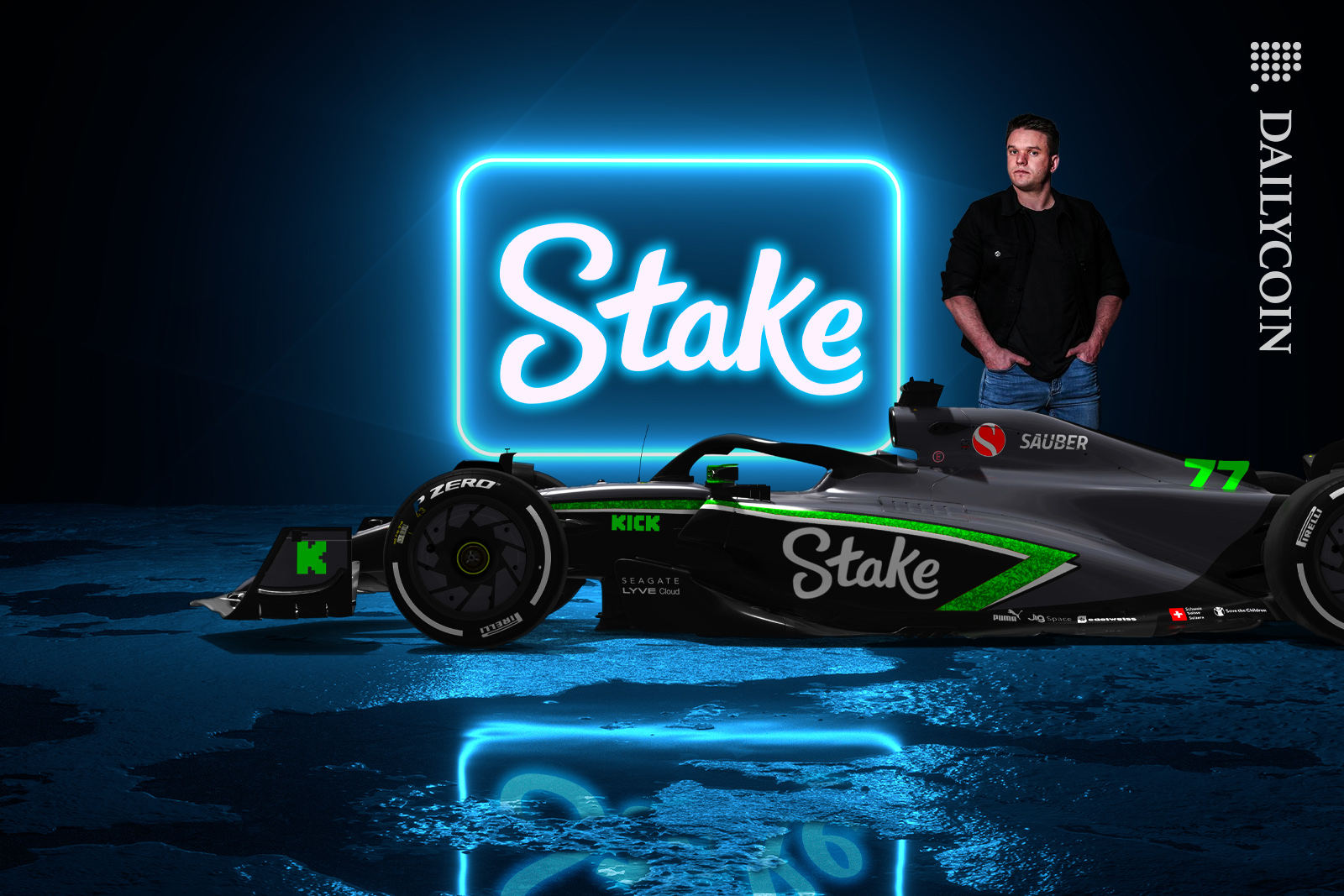 Edward Craven with a Formula one car with his company Stake.