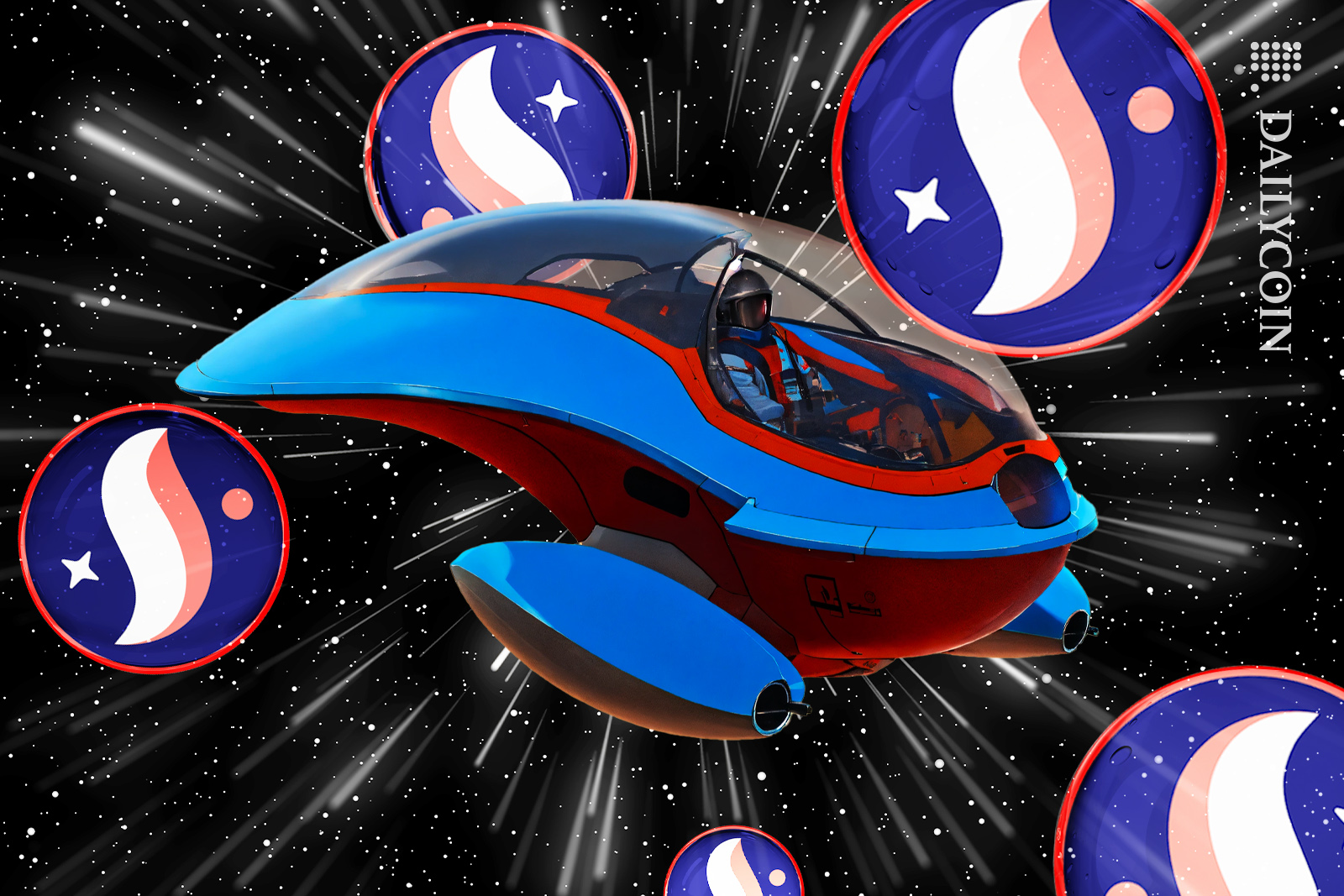 Spaceship flying thought the air with Starknet marbles.