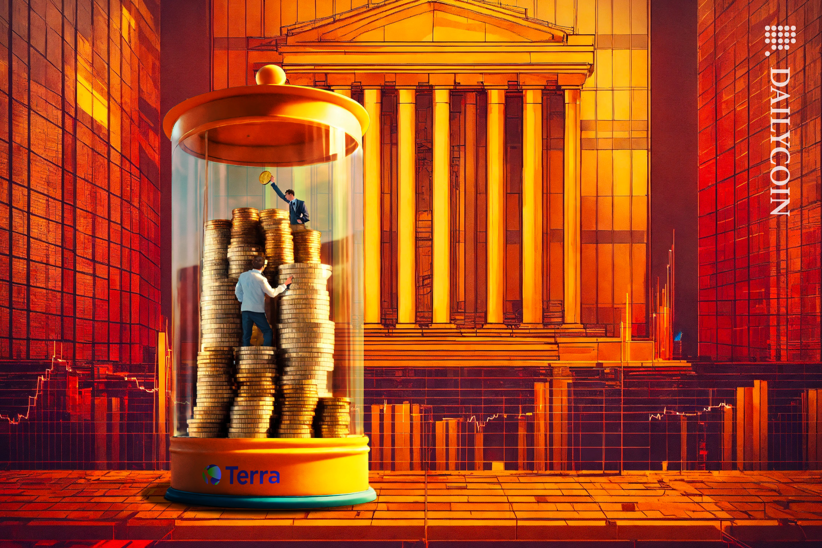 Terraforms workers gathering coins together in a jar next to a Law building.