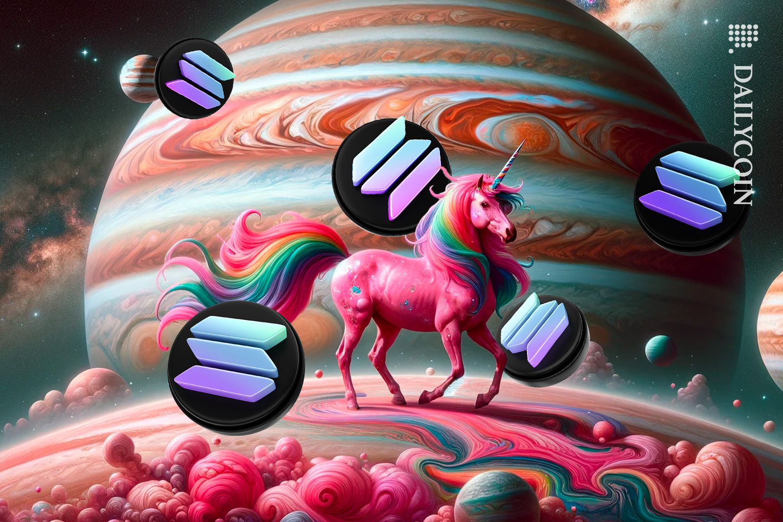 Uniswap unicorn on planet Jupiter with Solana coins.
