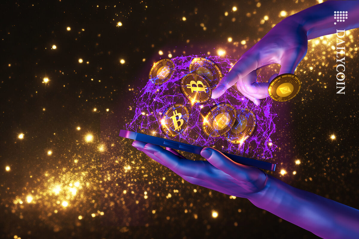 Hands opening a crypto wallet with crypto coins.