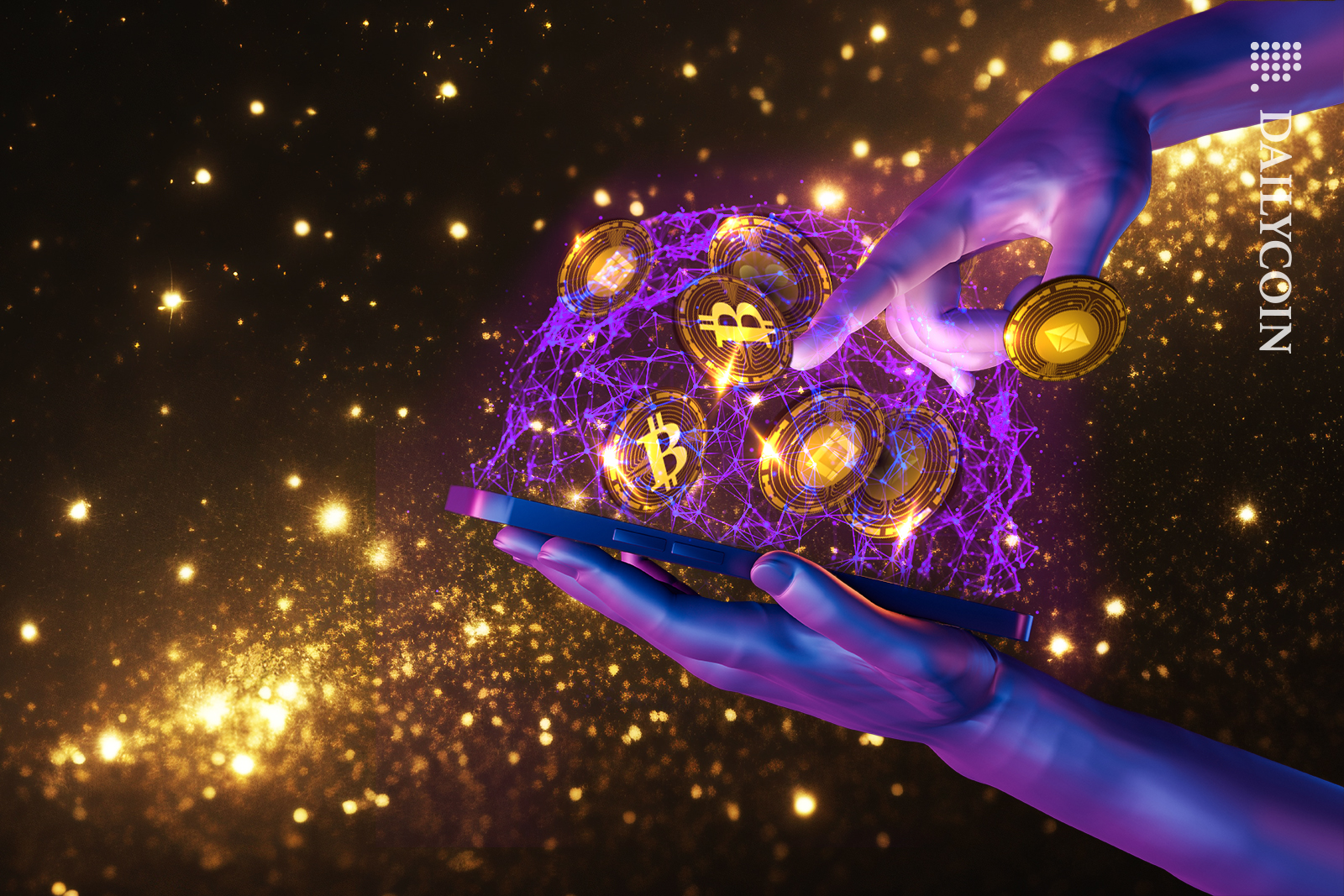 Hands opening a crypto wallet with crypto coins.