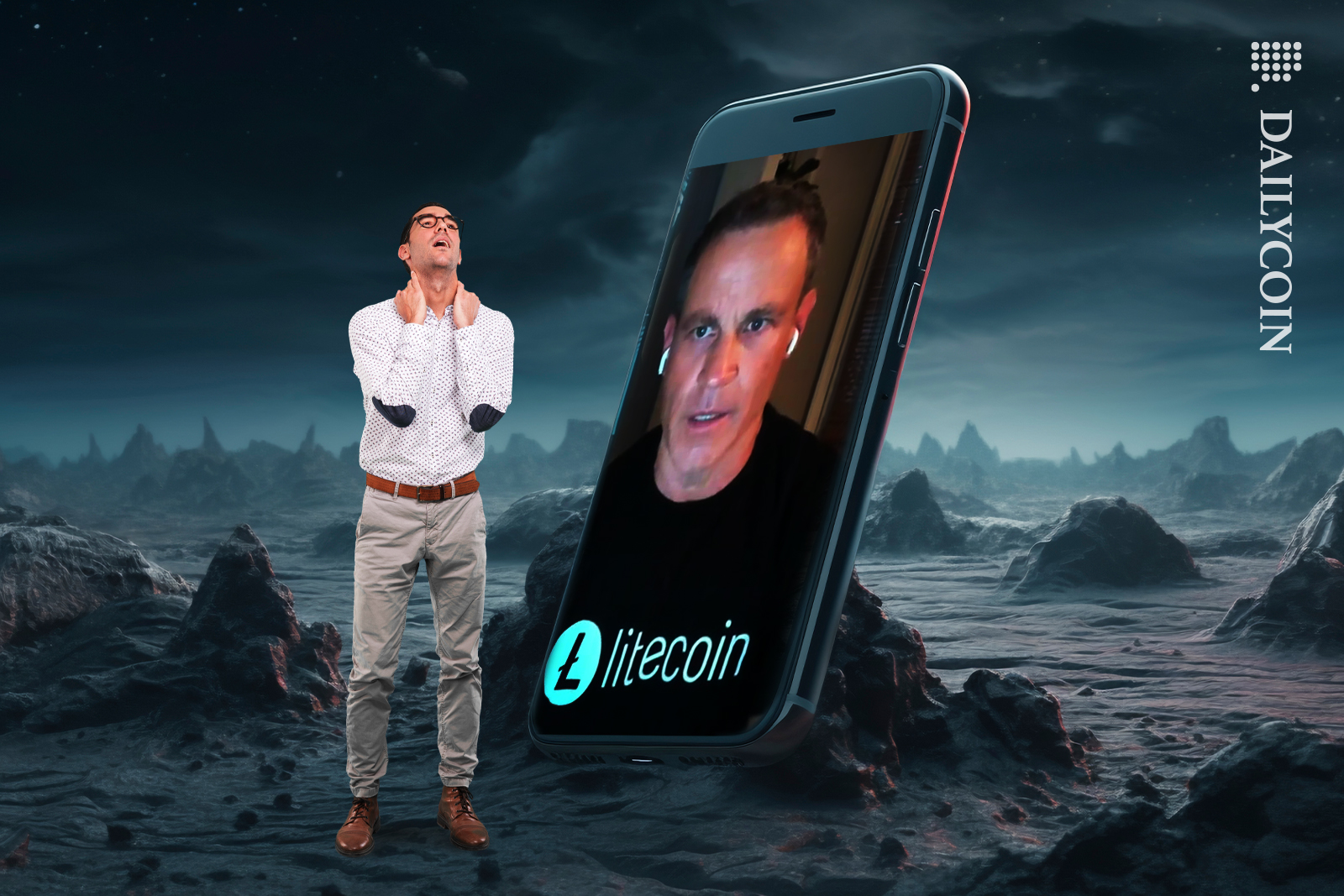 Guy listening to the update of Litecoin getting annoyed.