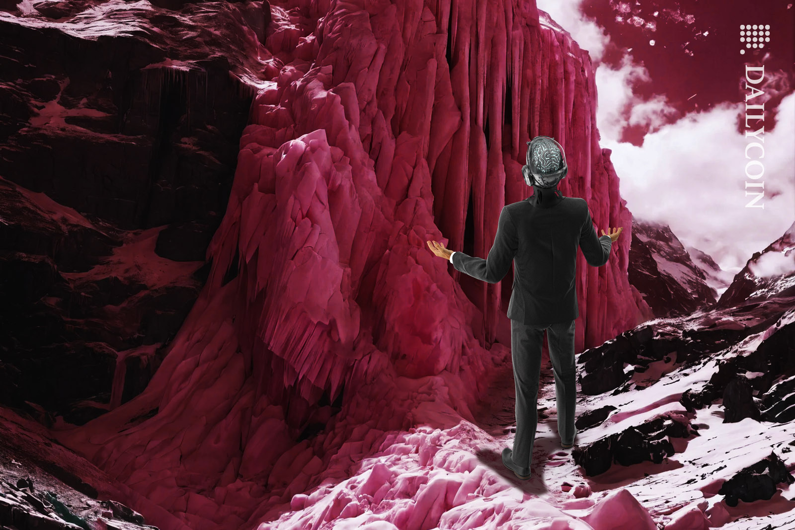Robot headed man looking at a froozen avalanche with disappointment.