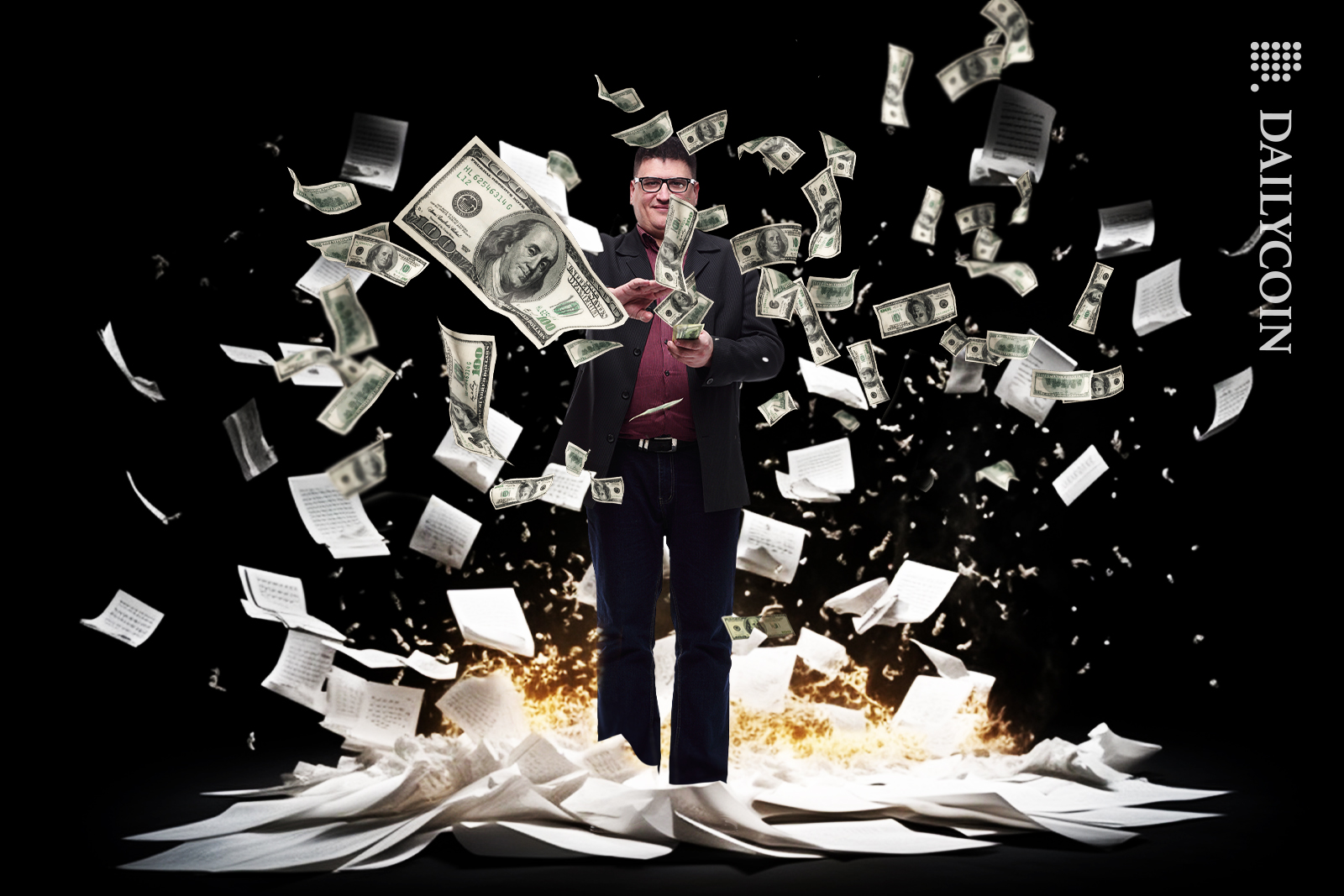 Guy finished with all the documets and is making it rain with banknotes.