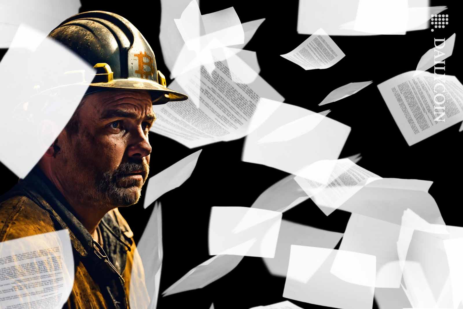 Bitcoin miner looking hopeless surrounded by falling documents.
