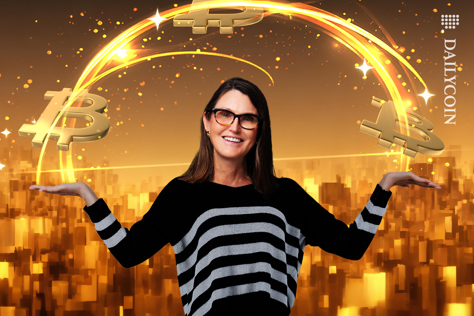 Cathie Wood making an arc with bitcoins.