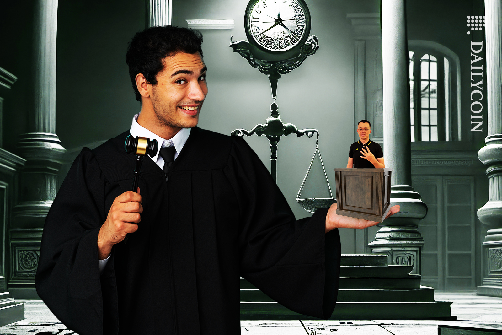 A judge holding a witness box with Changpeng Zhao showing four fingers for the fourth month April.