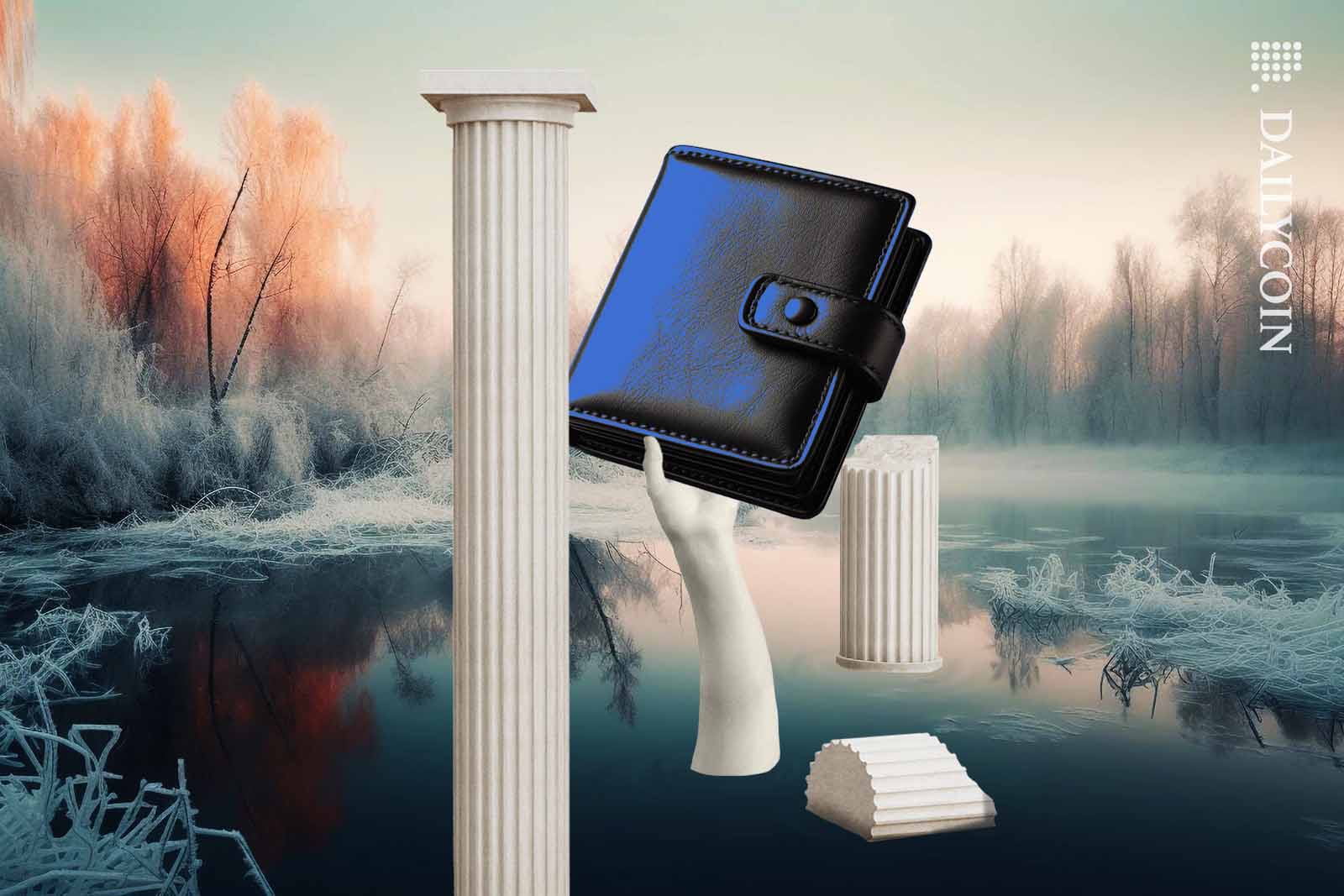 Frozen Landscape with some Greek style colums and a marble arm holding a wallet.