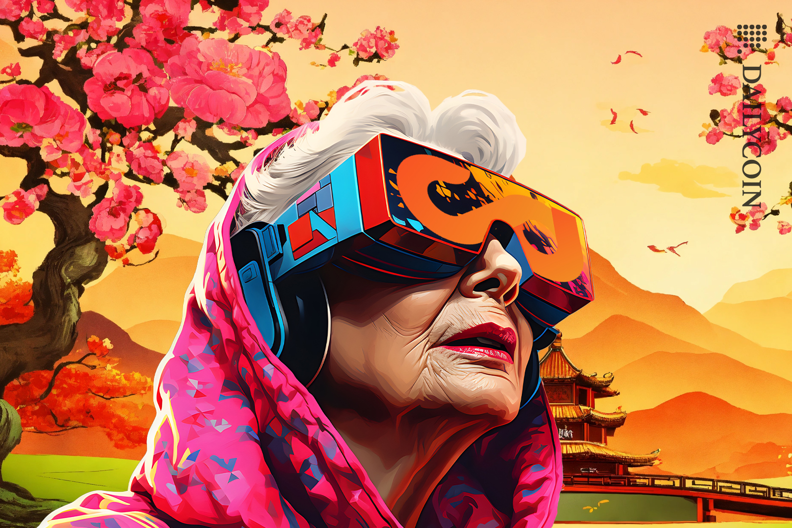 Asian elderly lady sees ContributionDAO with her futuristic glasses