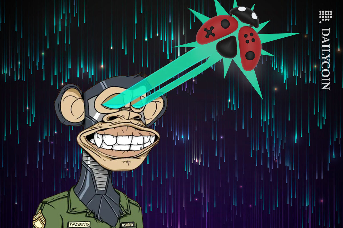 Bored Ape attracting a Ladybug logo of De Labs with laser eyes.