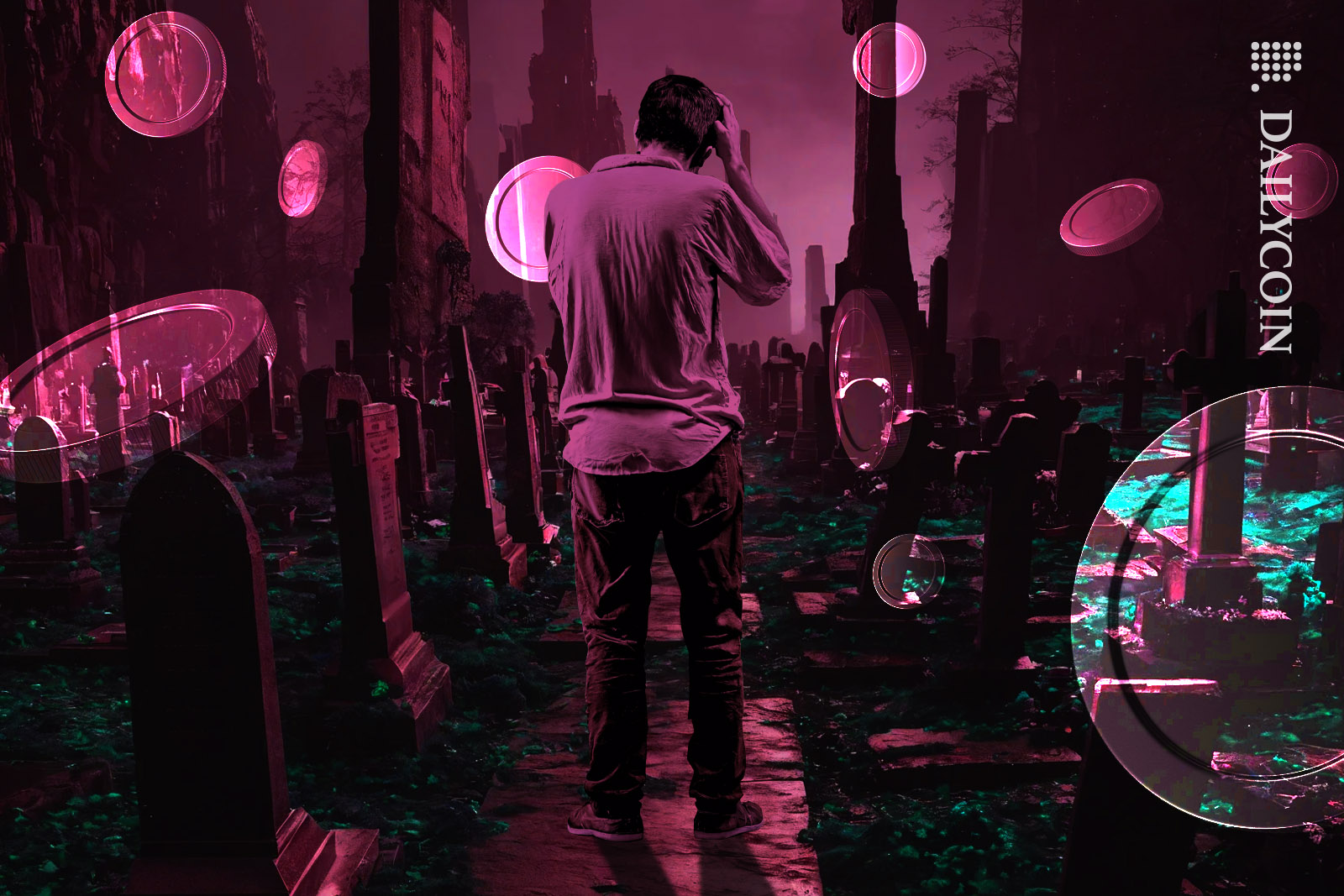Man standing in a cemetery scratching his head whilst surrounded by ghost coins.