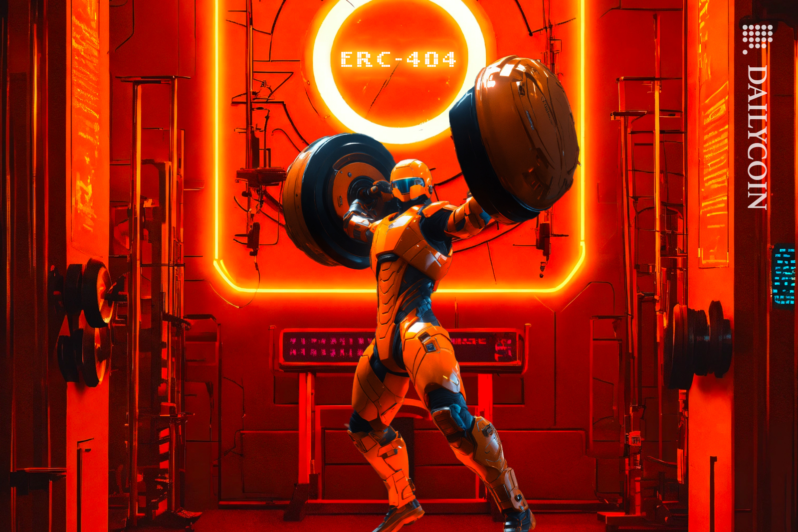 ERC-404 robot pumping up in the gym.