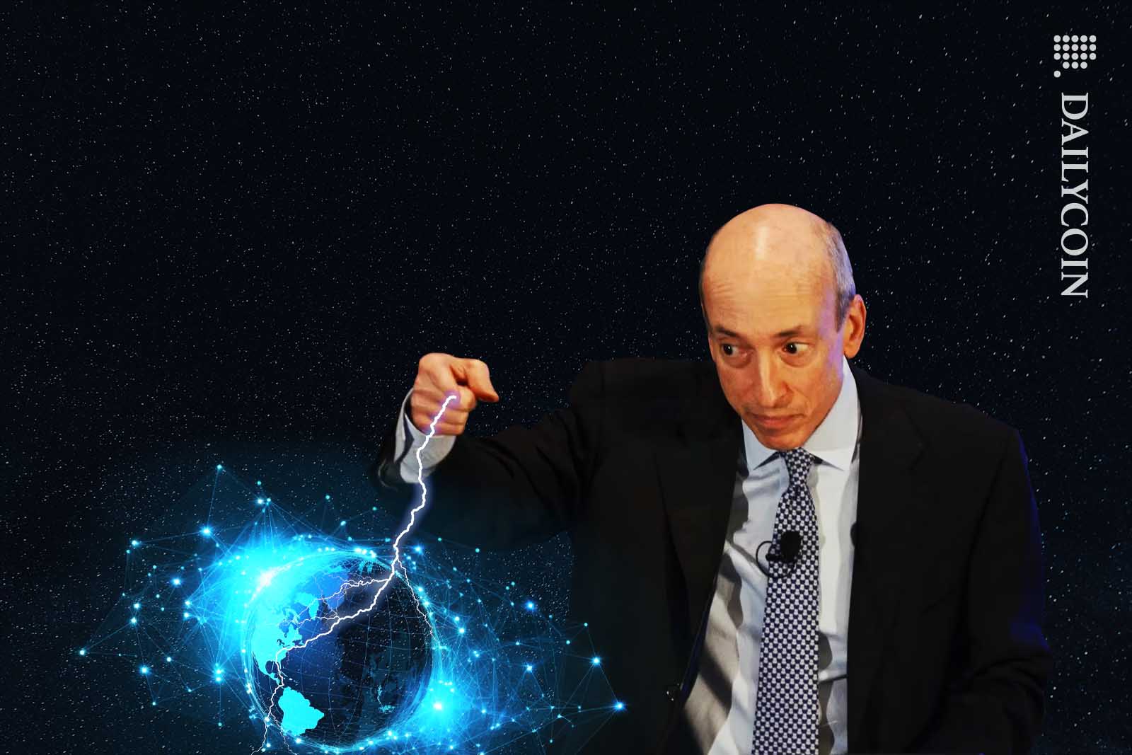 Gary Gensler sending electric shocks into a blockchain planet.