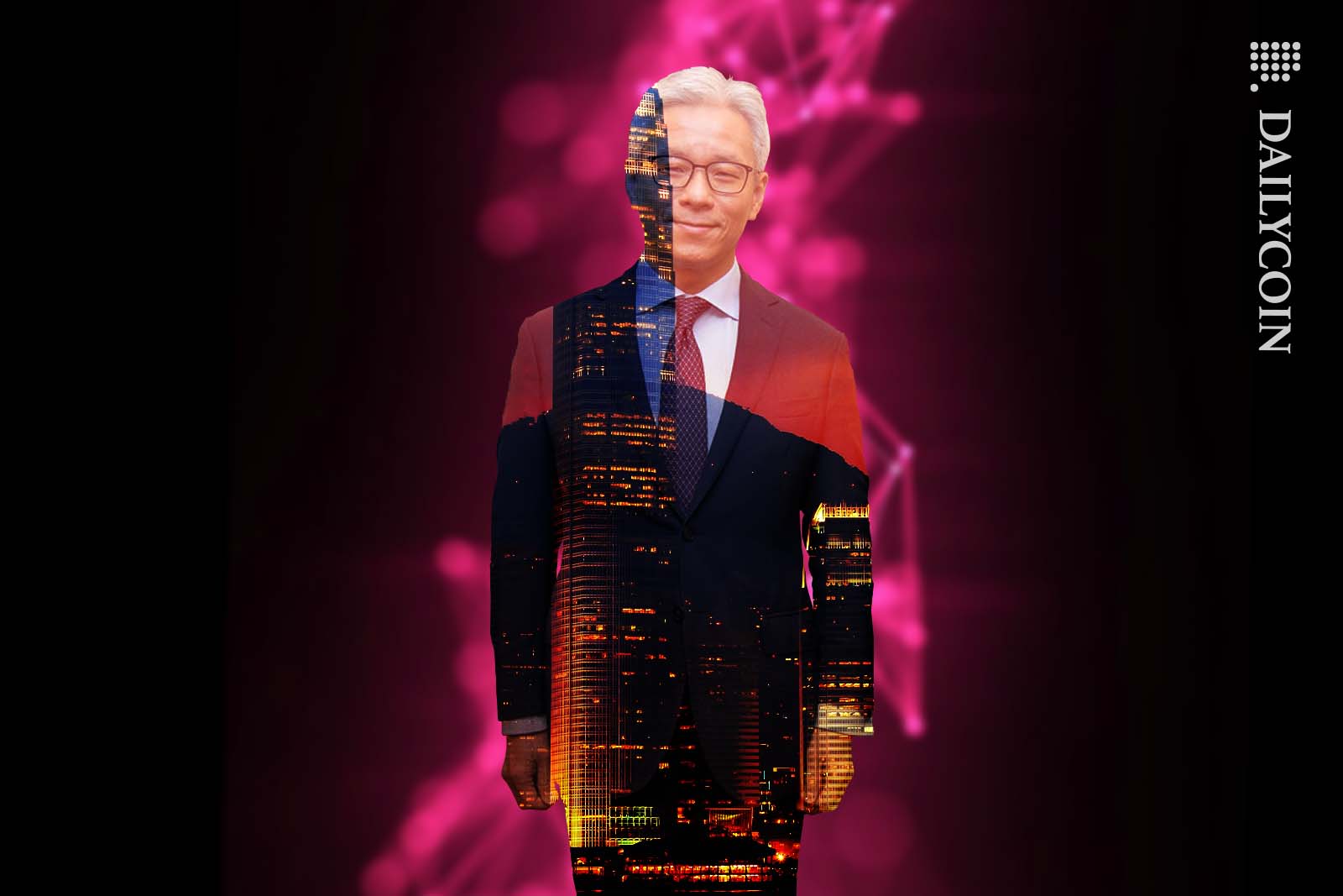HKGCC official standing resembling the skyline of Hong Kong.