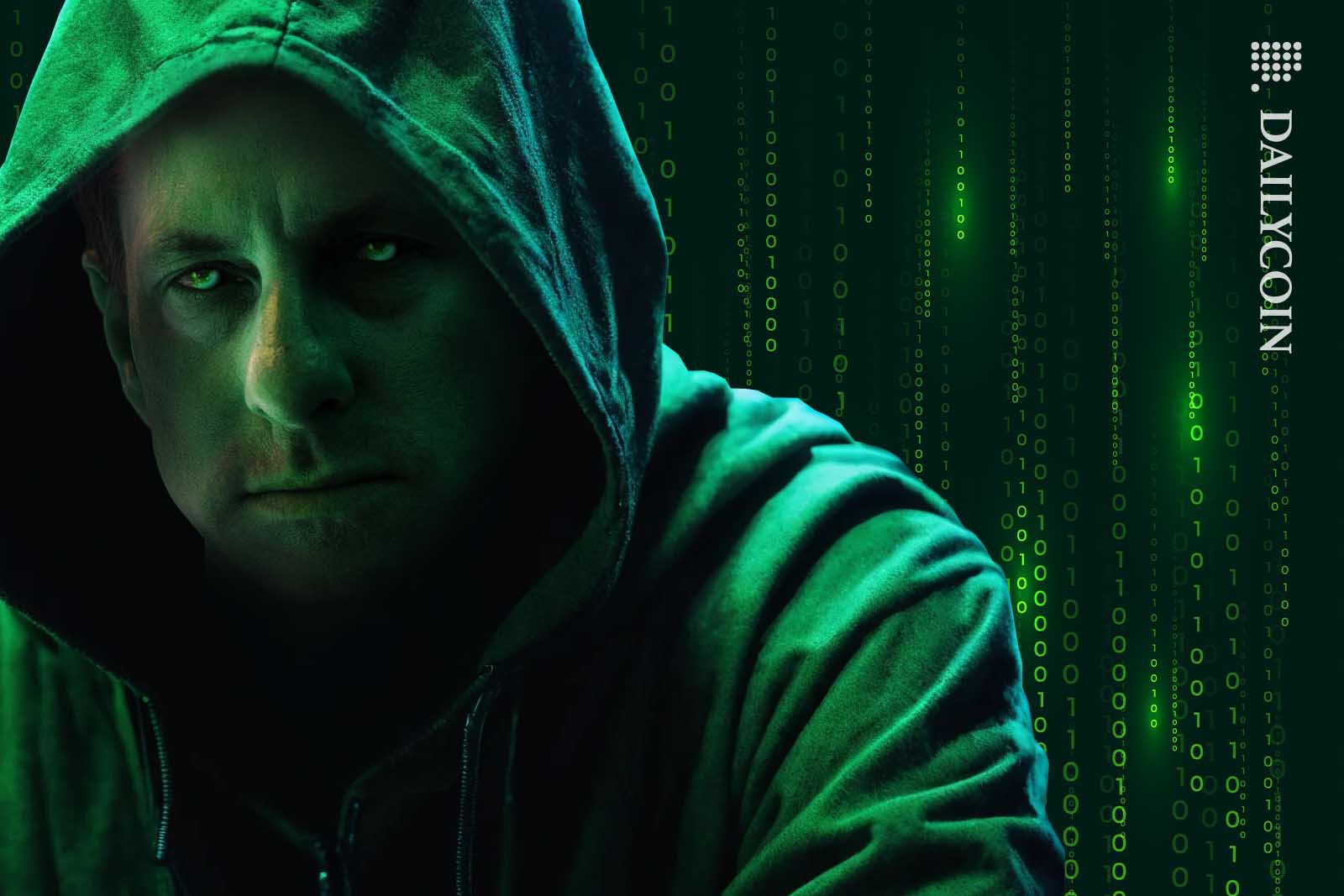 Chris Larsen portraid as a hacker, wearing a hoodie.