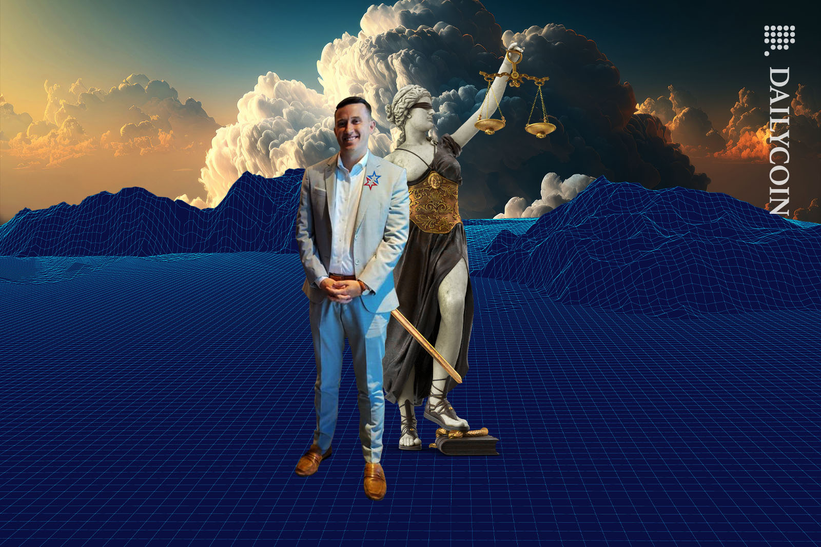 Le Bratcher President of the Texas Blockchain Council posing with Lady Justice.