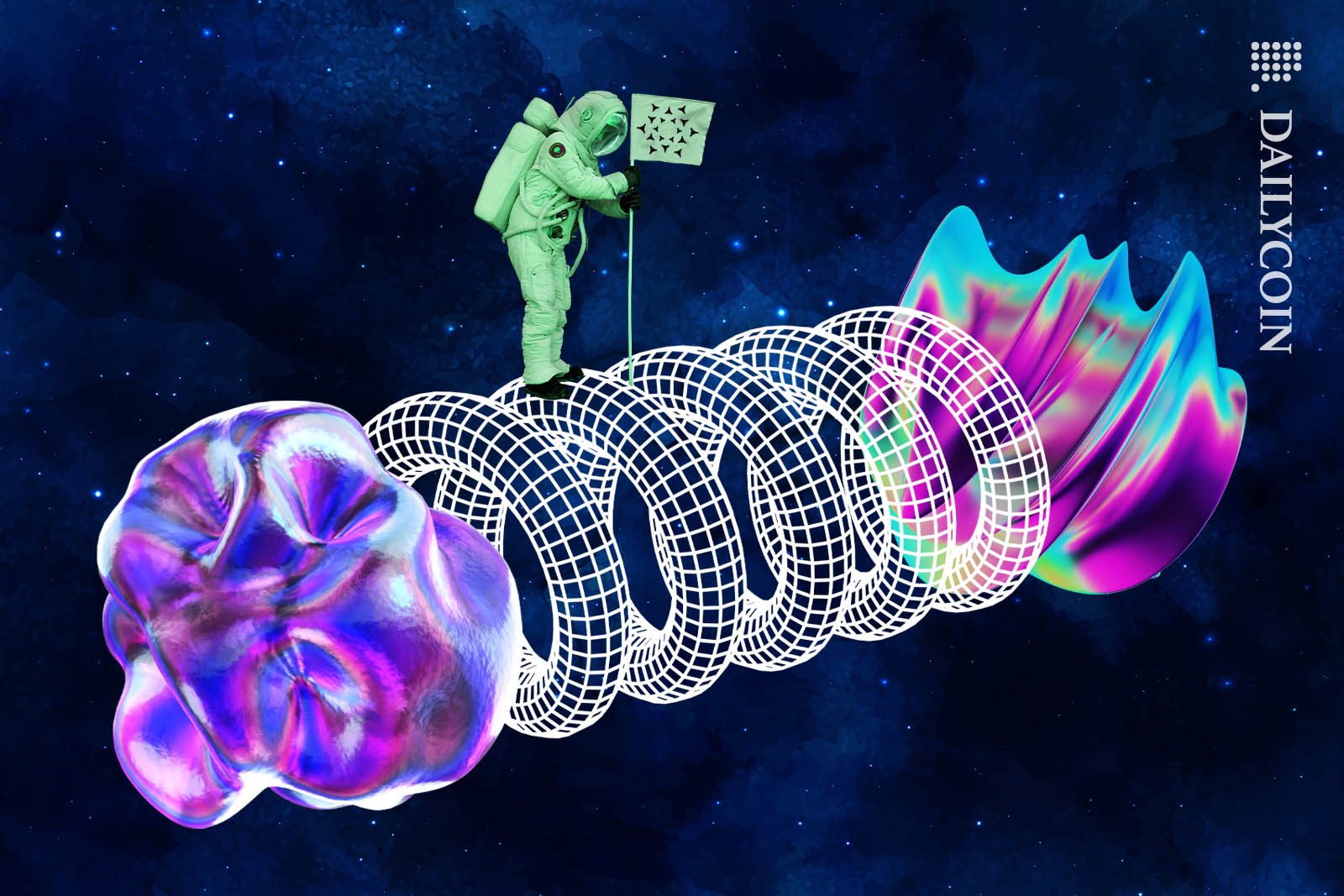 Two abstract irridescent shapes connected by a wireframe spiral tunnel.