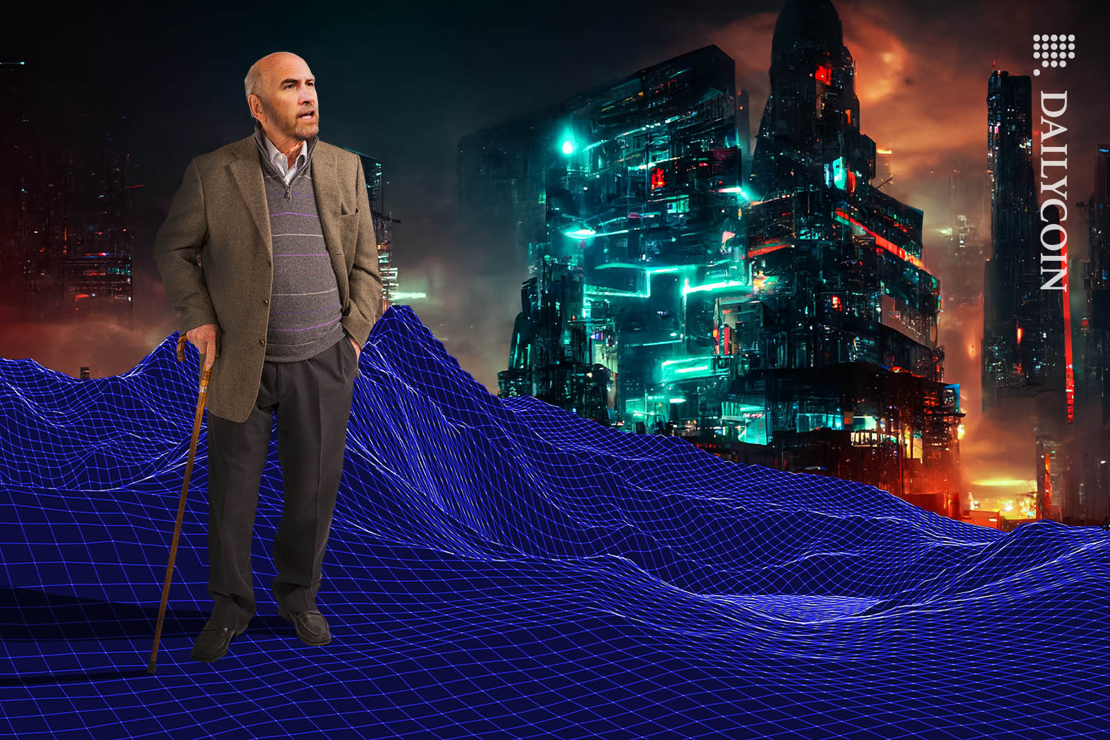Old Brad Garlinghouse wondering around in a wireframe landscape with a futuristic city in the background.