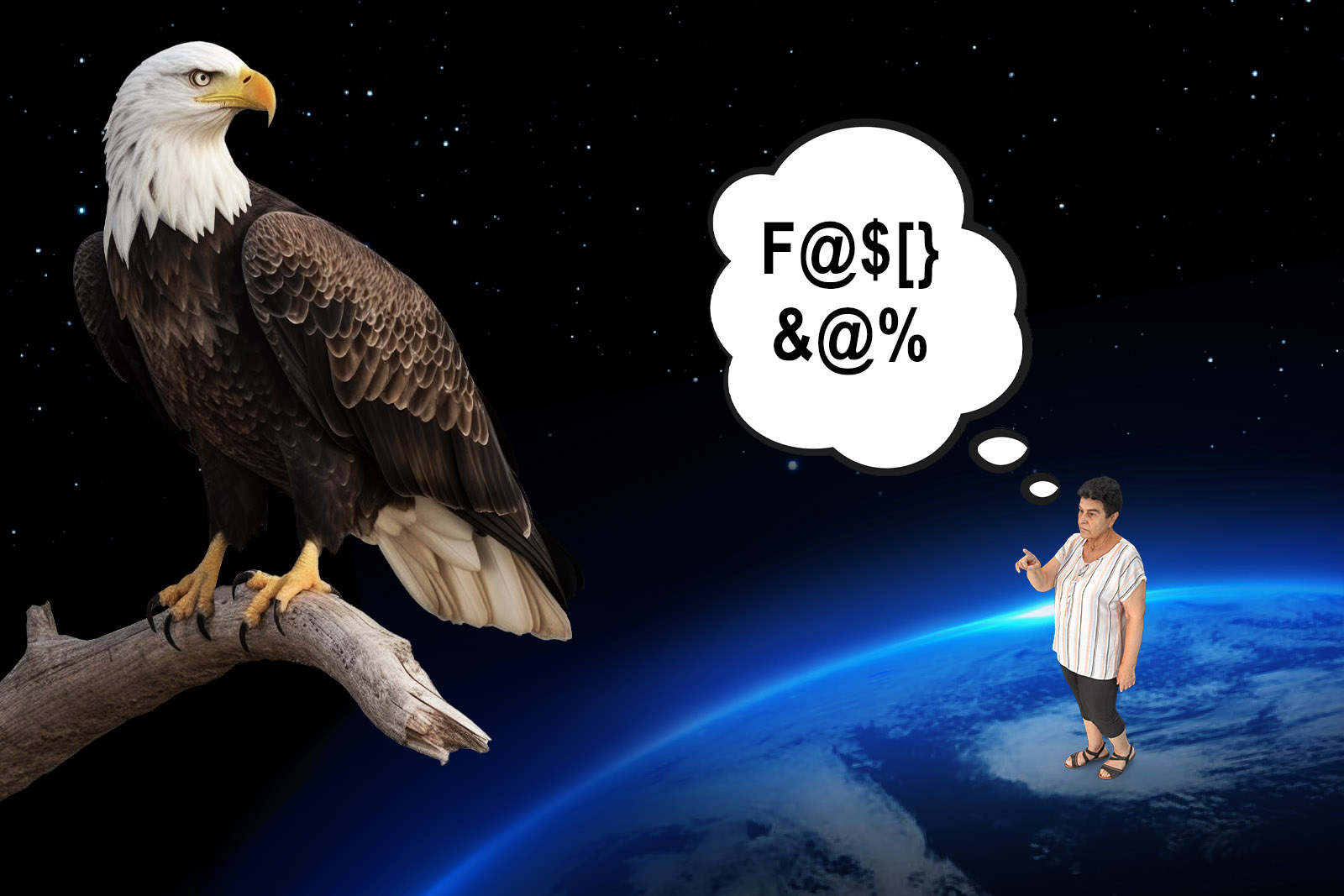 Angry woman pointing at an american eagle from a distance.