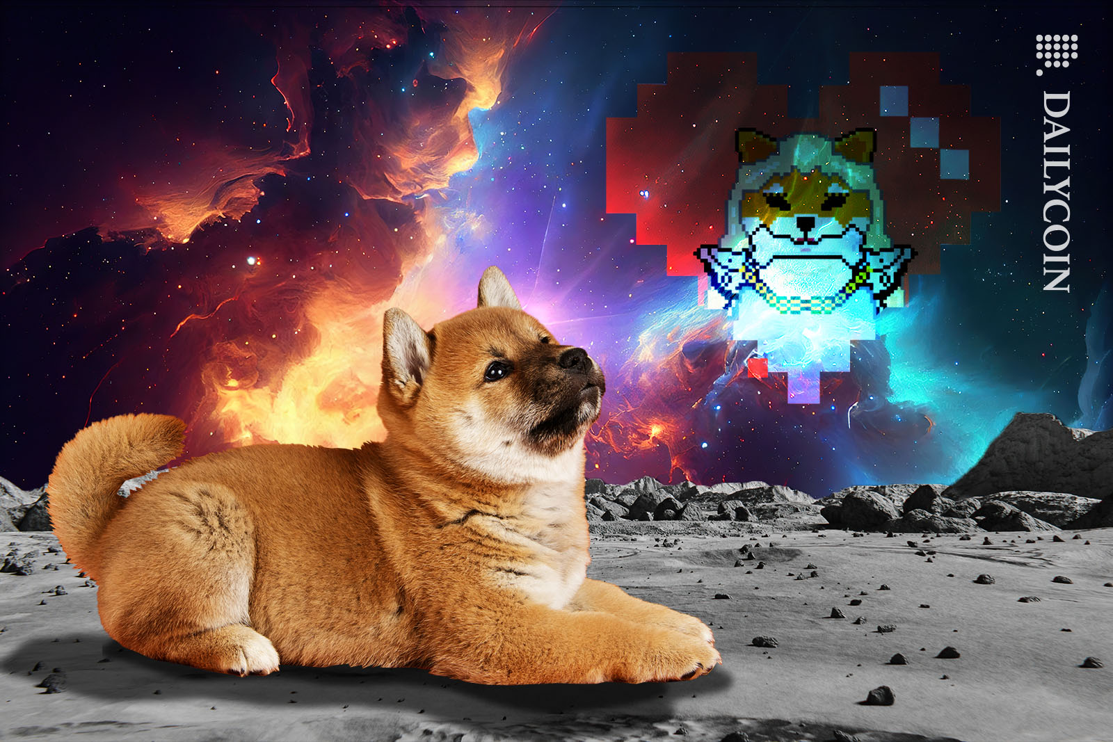 Shiba Inu puppy staring at a new SHEboshi NFT on the sky.