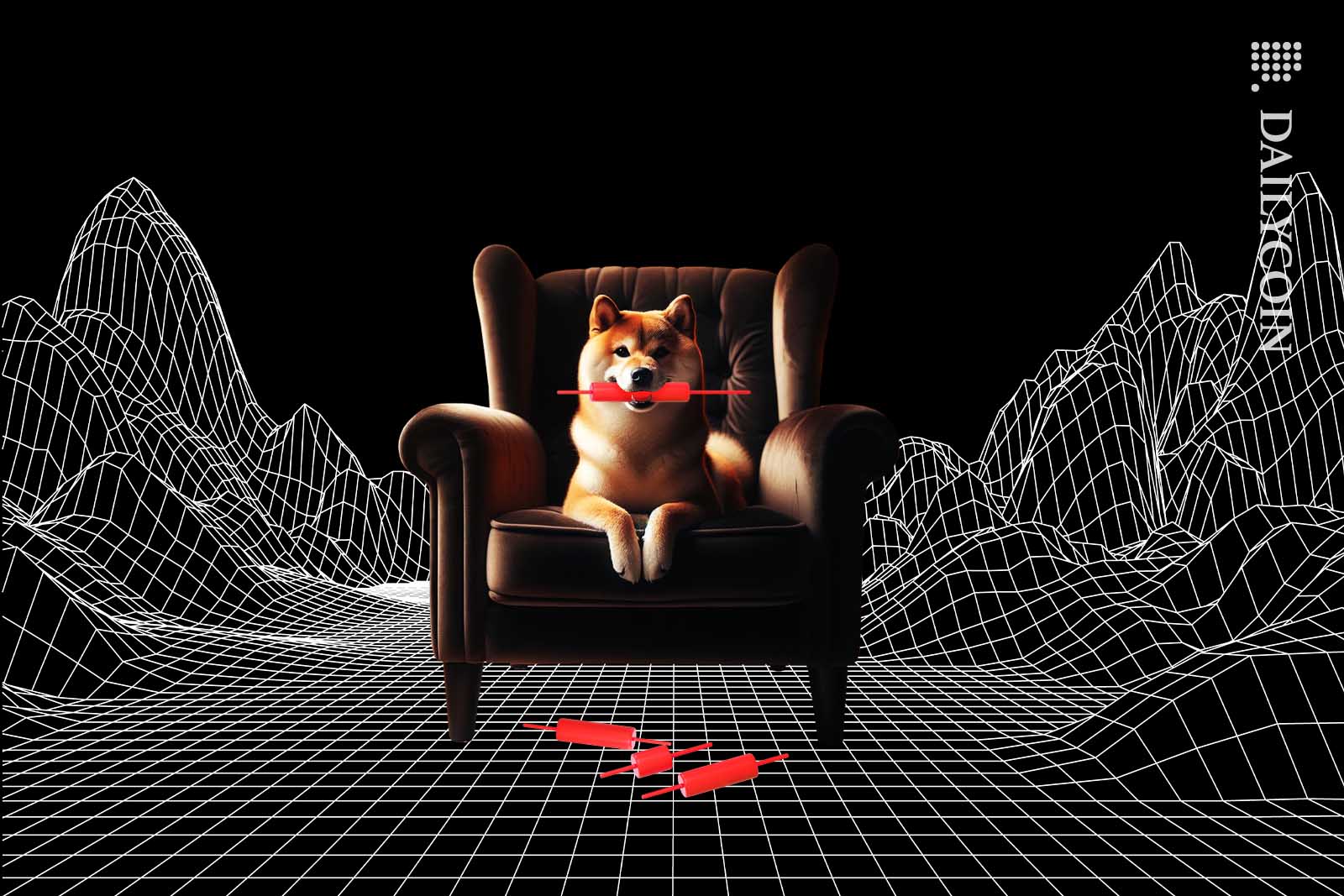 Proud Shiba Inu sitting in an armchair, chewing on a red candle stick proudly.