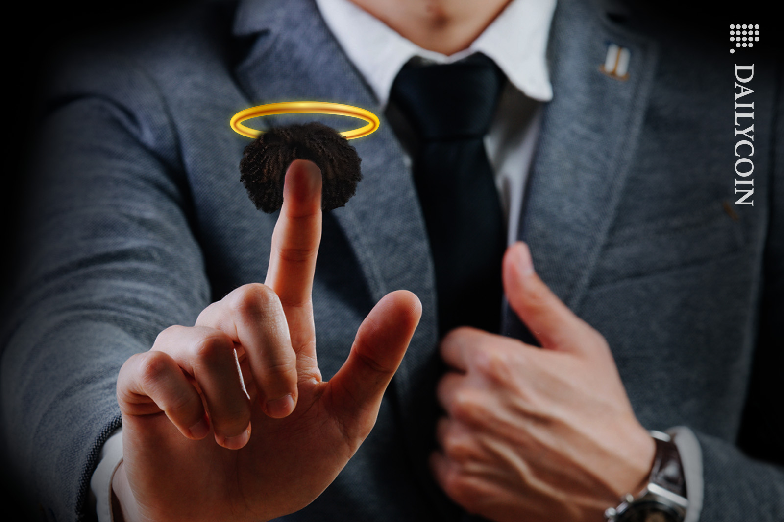 Man with a Sam Bankman Fried style wig on his finger and a halo above it.