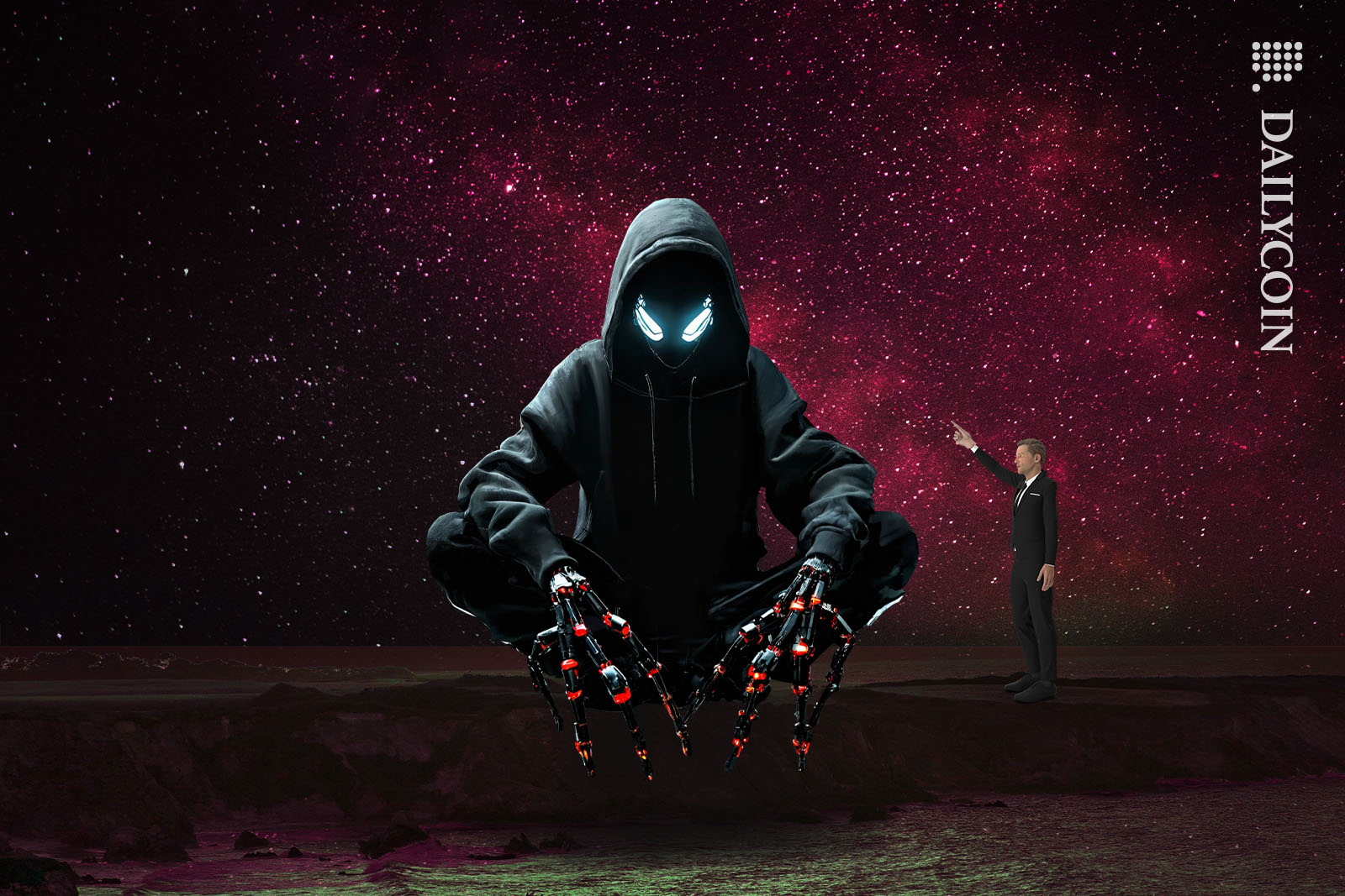 Man pointing at a giant hacker with robotic spider fingers sitting on a beach.