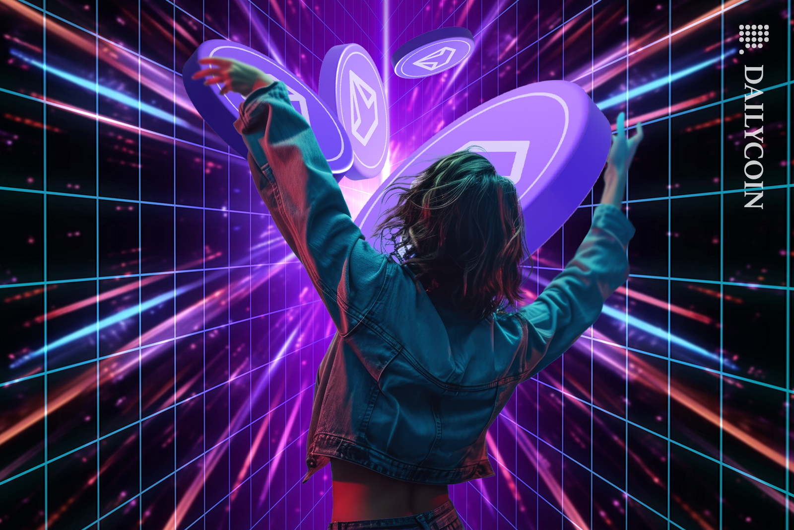 Girl catching Celestia (TIA) Tokens in digital space.