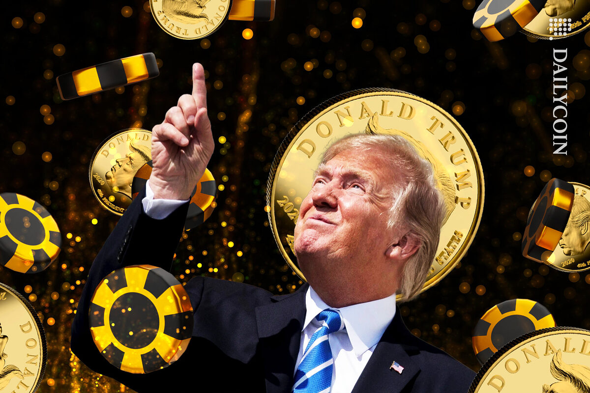 Donald Trump making a bet on his coins.