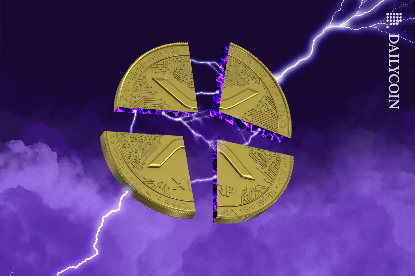 XRP coin quartered, held together by electricity.