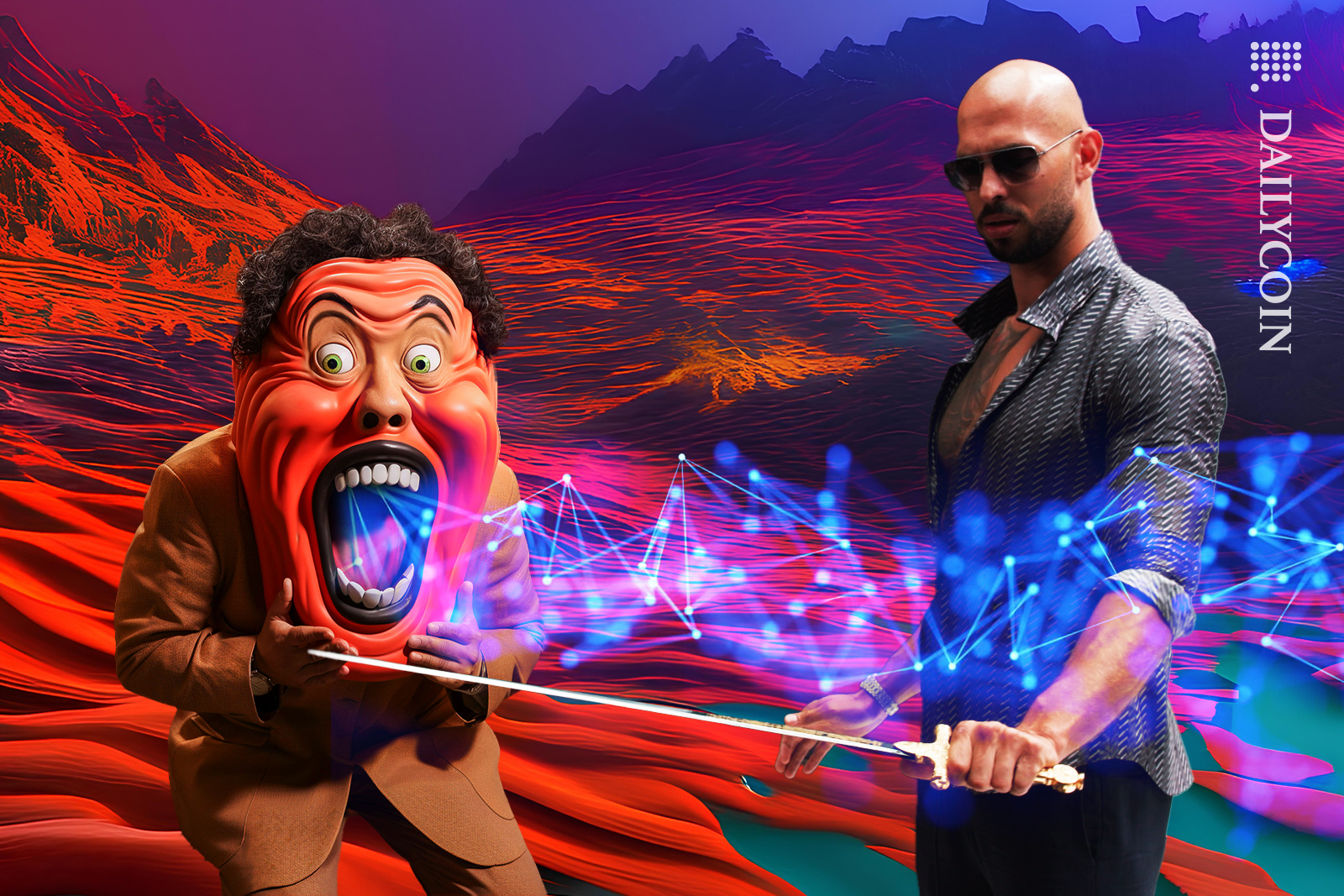 An NFT character laughing at Andrew Tate for showing off his sword.