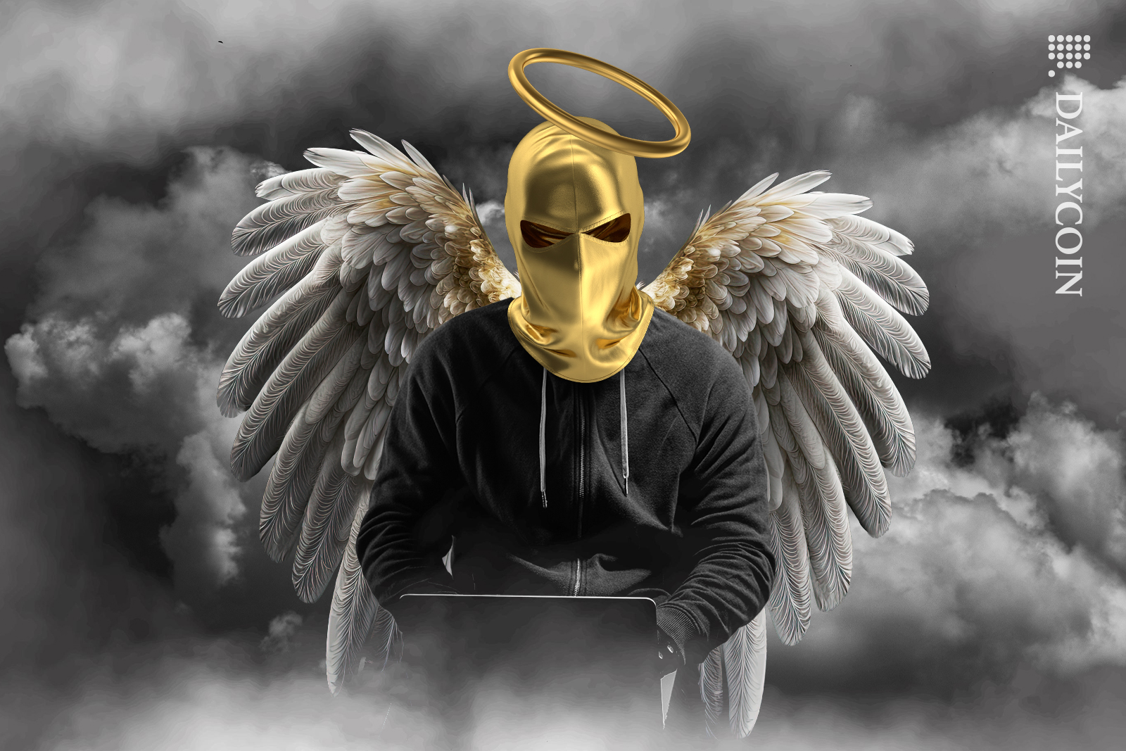 Angel with gold baklava in the dark clouds sitting with a computer.