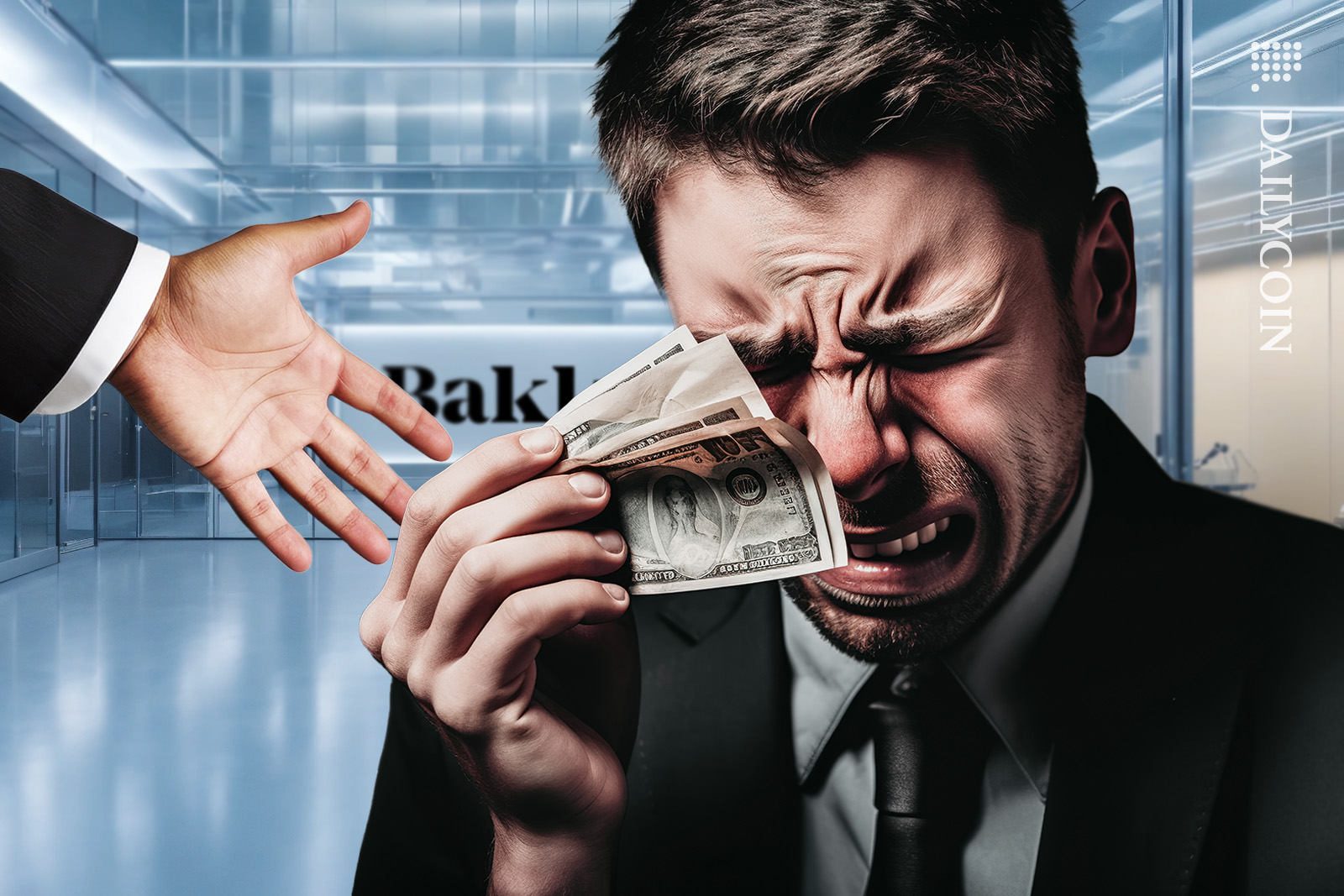Bakkt office worker crying over money, the management asking to hand it over to him.