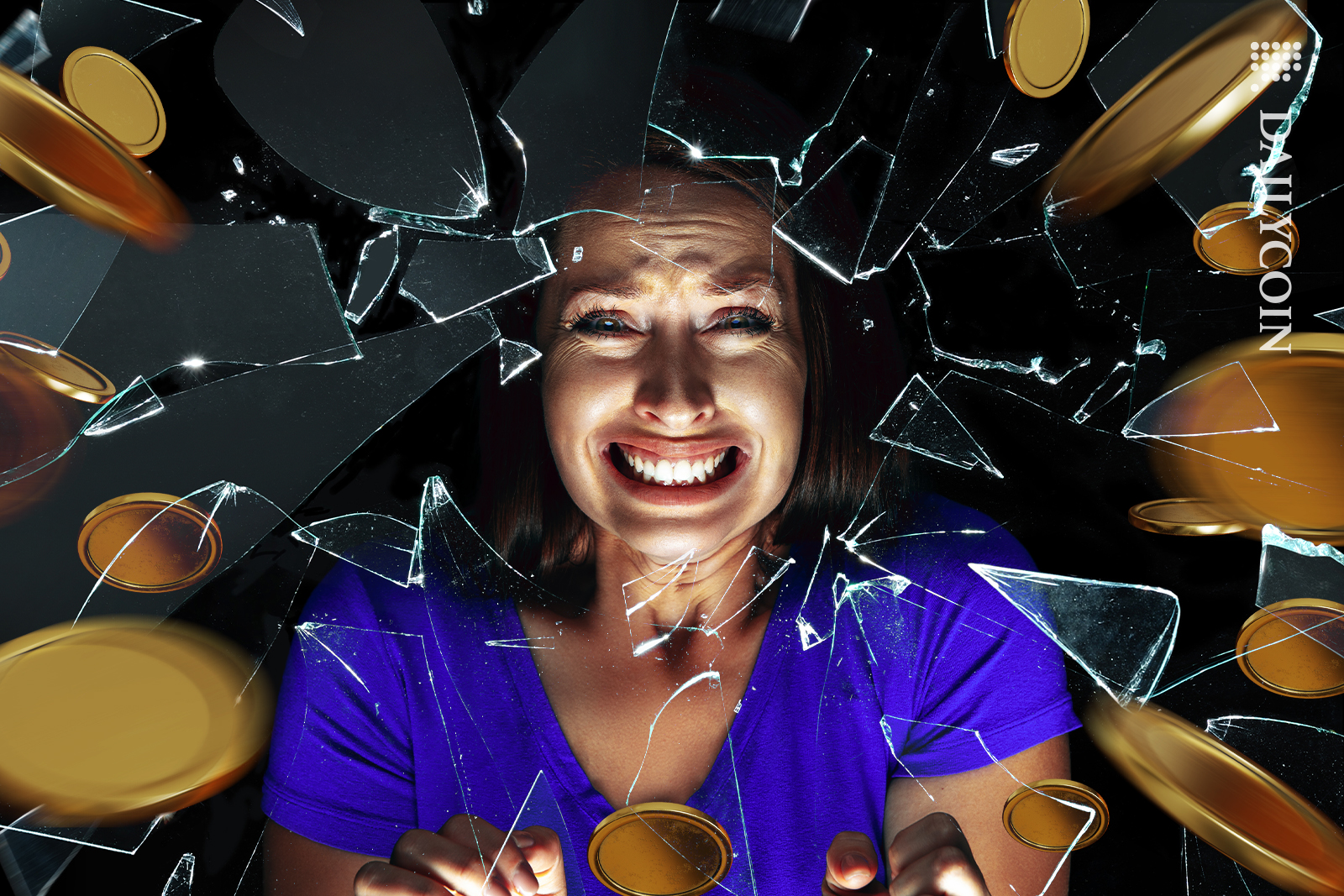 Girl smiling out of fear to earn some crypto coins.