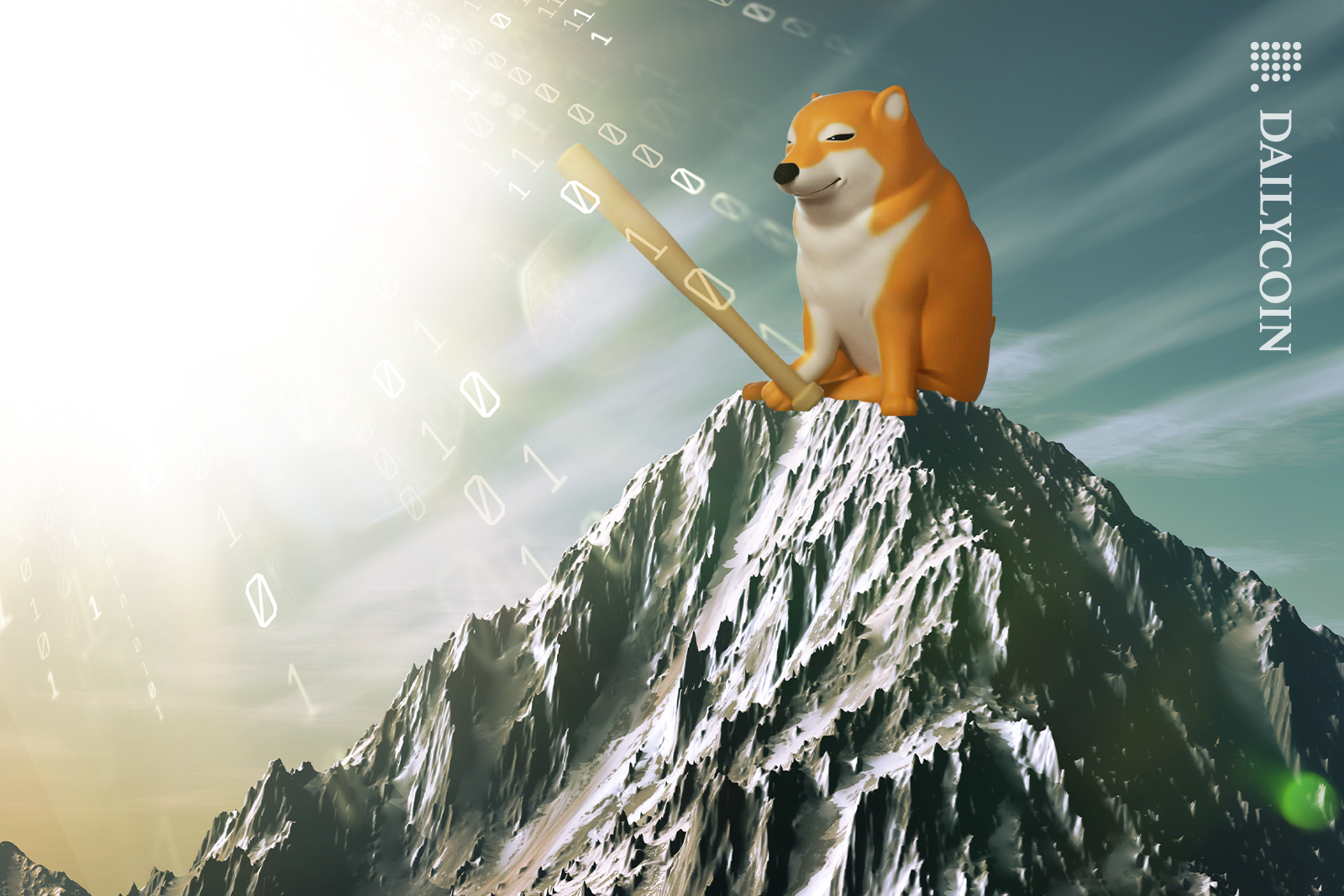 Bonk sitting on top of a mountain peak, sun is shining and beaming numbers towards him.