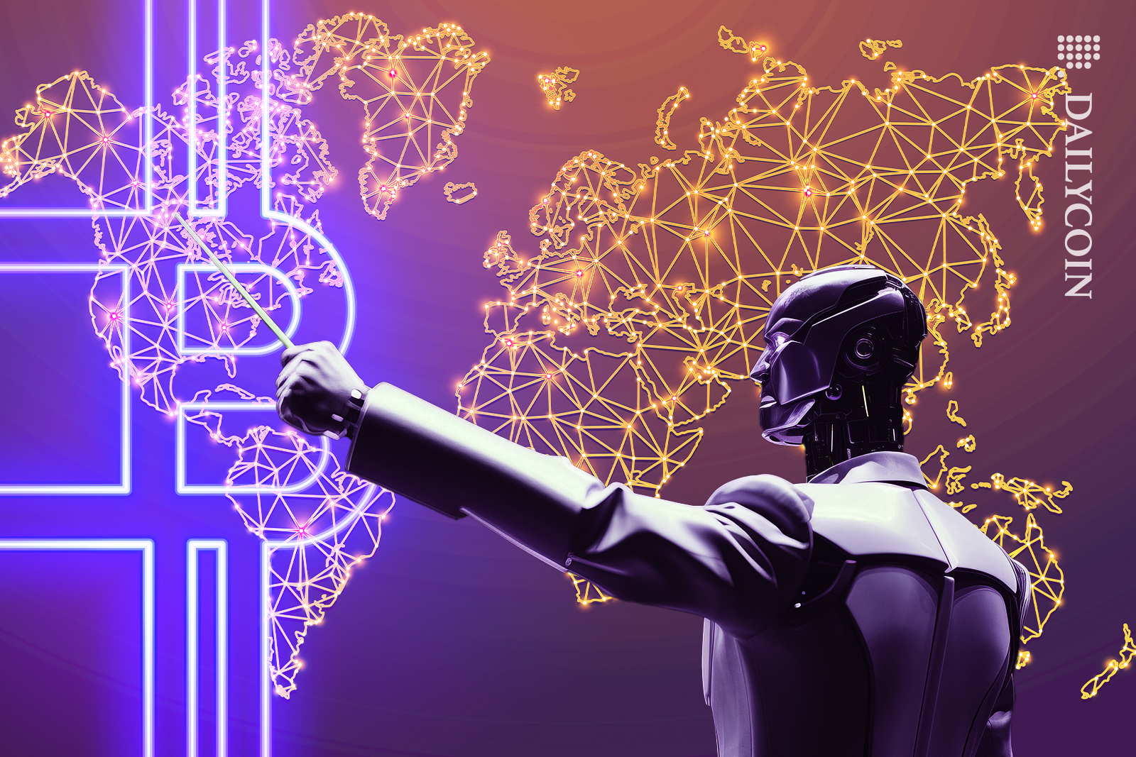 Robot showing the corrolations between the map and Bitcoin.