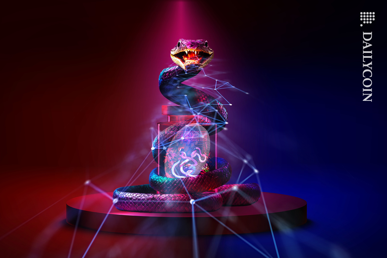 A Snake releasing Blockchain hissing, wrapped round a jar of Cardano.