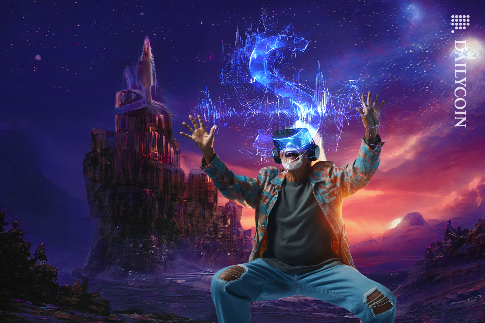 Man uses a digital Dollar in the metaverse.