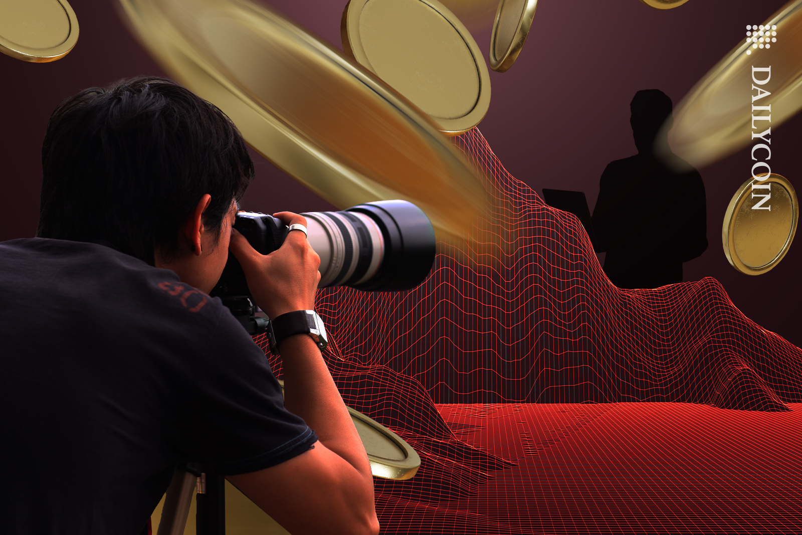 Man with camera spying on the guy responsible behind the coins flying around.