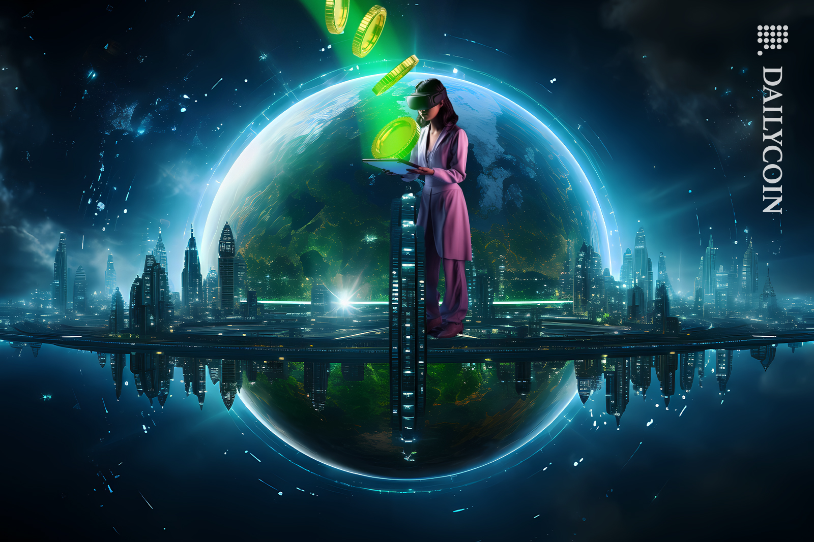 Woman standing on a digital world platform receiving a green light with crypto coins into her tablet.