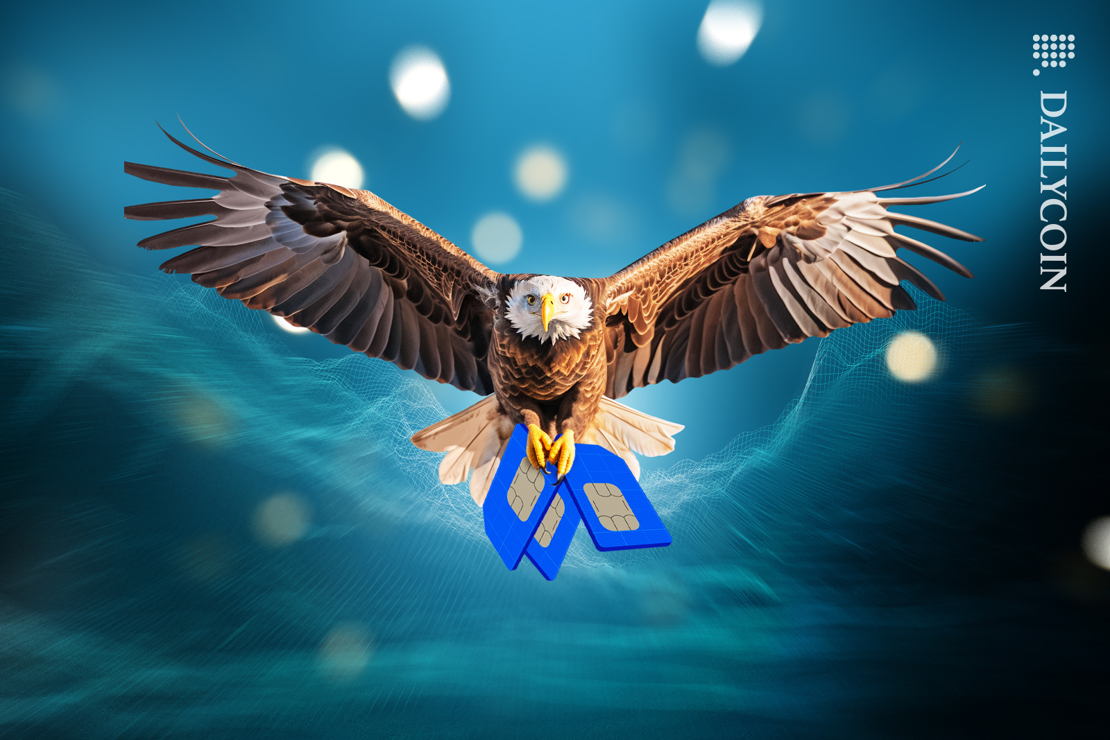 DOJ eagle flying from a digital space with hackers sim cards.