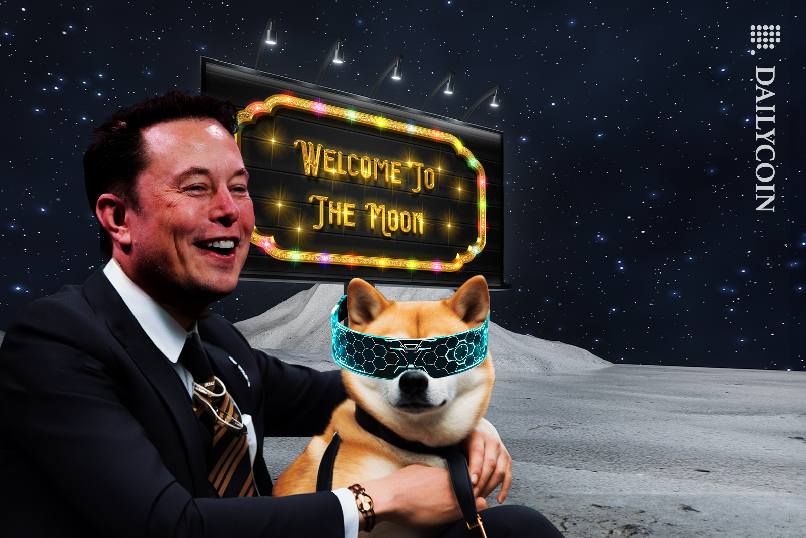 Elon Musk and Dogecoin mascot welcomes you to the moon.
