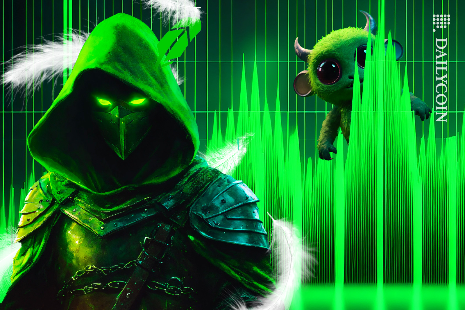 Robinhood on a crypto chart surrounded by feathers and Etoro cute creature is hiding behind the chart.