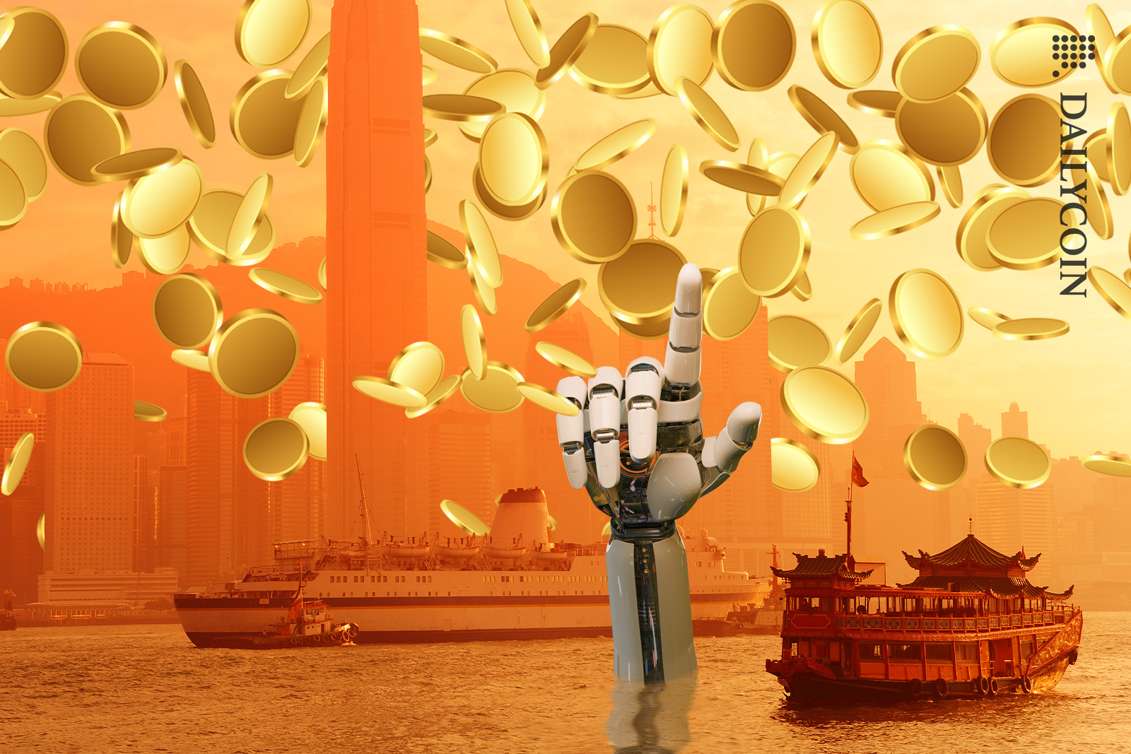 Coins falling from the sky, in Hong Kong, a sunken robot hand trying to touch them.