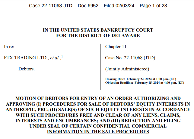 FTX court submission to sell anthropic stake.