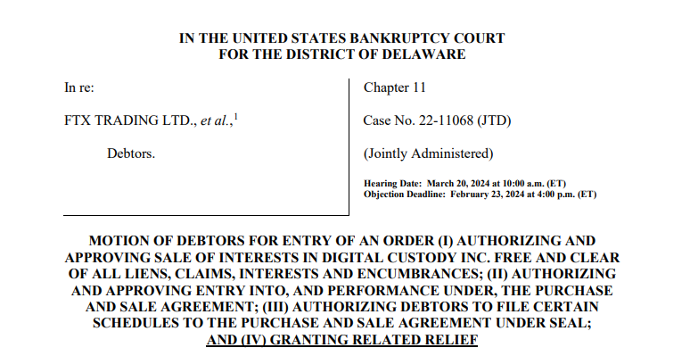 FTX DCI sell motion document.