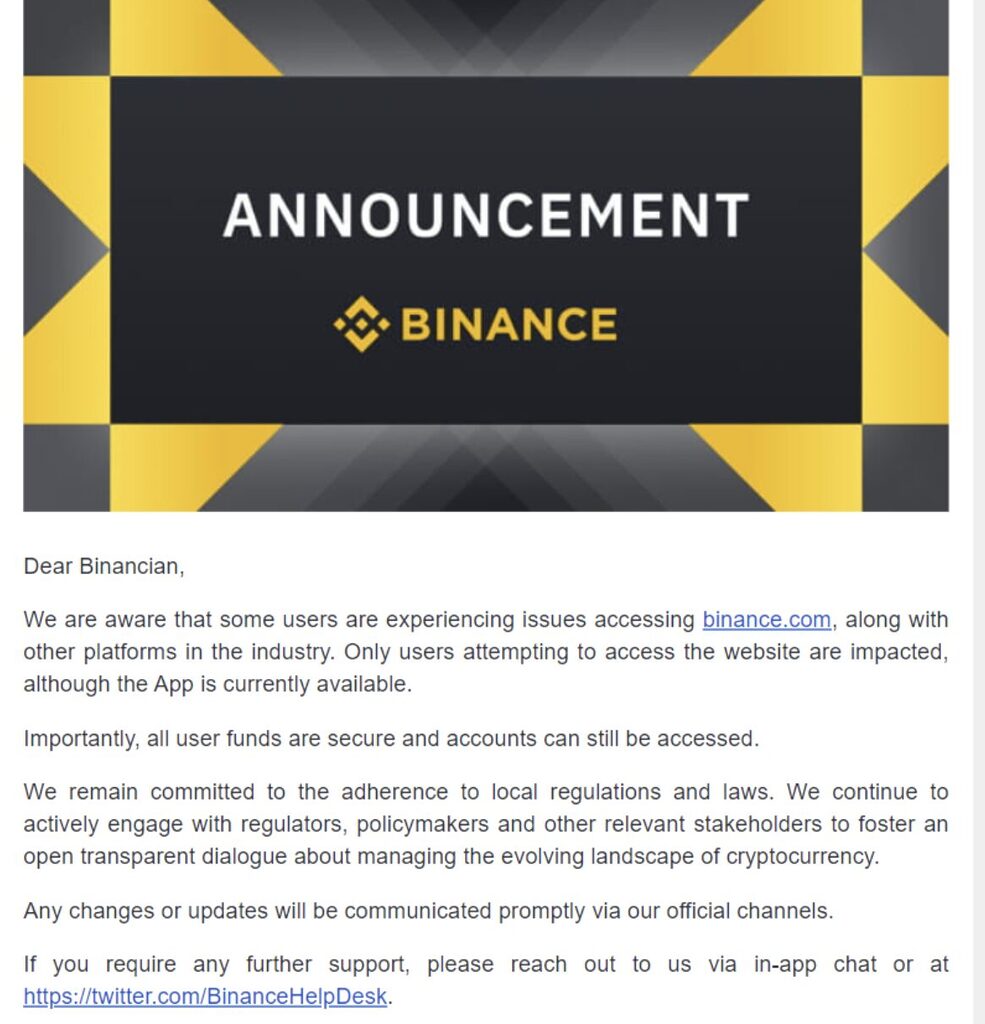 An extract from the email sent by Binance to users.