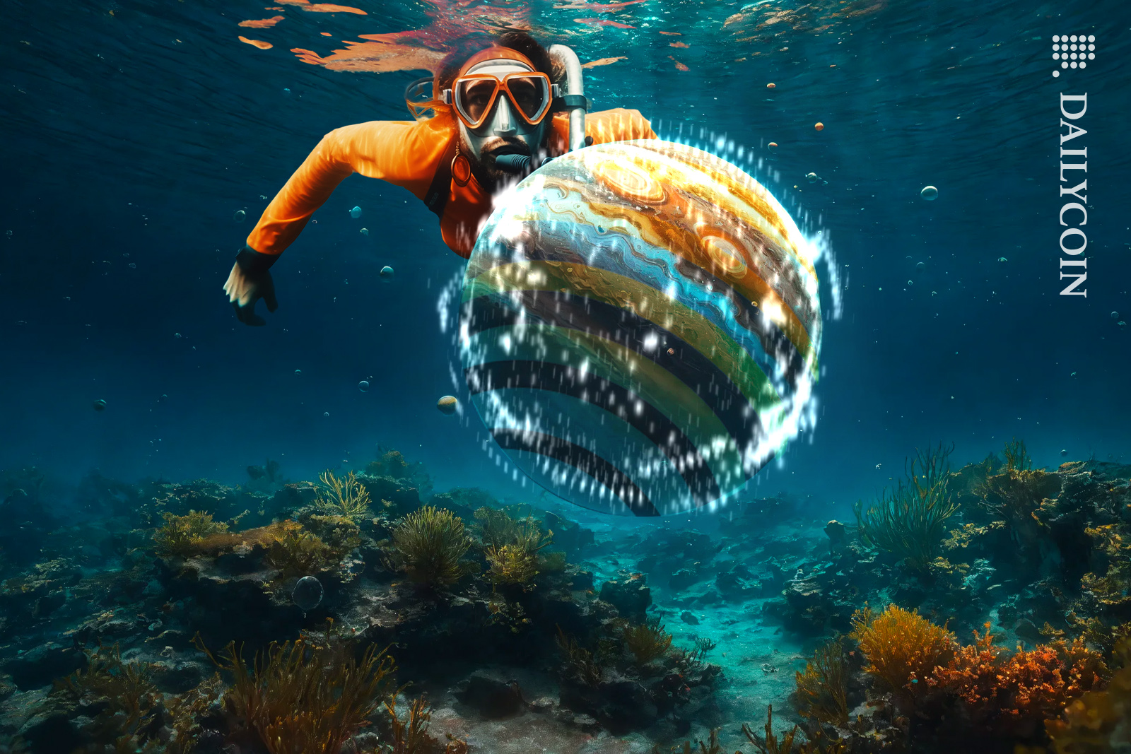 Solana Jupiter sinking into the bottom of the ocean and diver swam towards it to see.